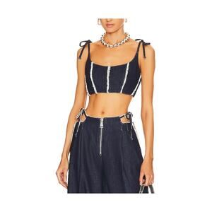 Ceren Ocak Blue Crop Corset Denim Frayed Trim Top Size M